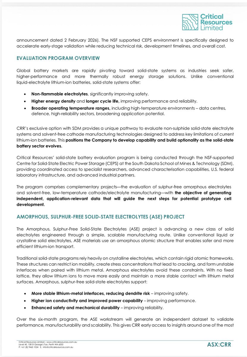 $CRR 🔥🔥

$CRR just launched a solid state battery evaluation program.

Partnering with a top US university lab to test next gen electrolytes and cathodes.
  
Goal is safer, higher energy batteries for mining, defence and data centres.  

Big step forward for the company.