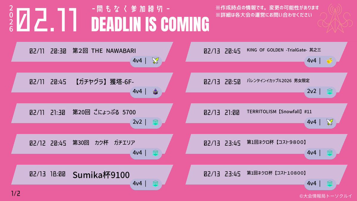spl_tic's tweet image. 【TODAY'S INFOMATION】
本日開催＋まもなく応募締切の大会情報をお届け🛵💨

◆開催予定の大会の情報ポストは👇
x.gd/Oijav

◆締切間近の大会の情報ポストは👇
x.gd/9DJ1H

興味のある大会を見つけてスプラを楽しもう！
大会情報発信中📡フォロー＆拡散歓迎🙌