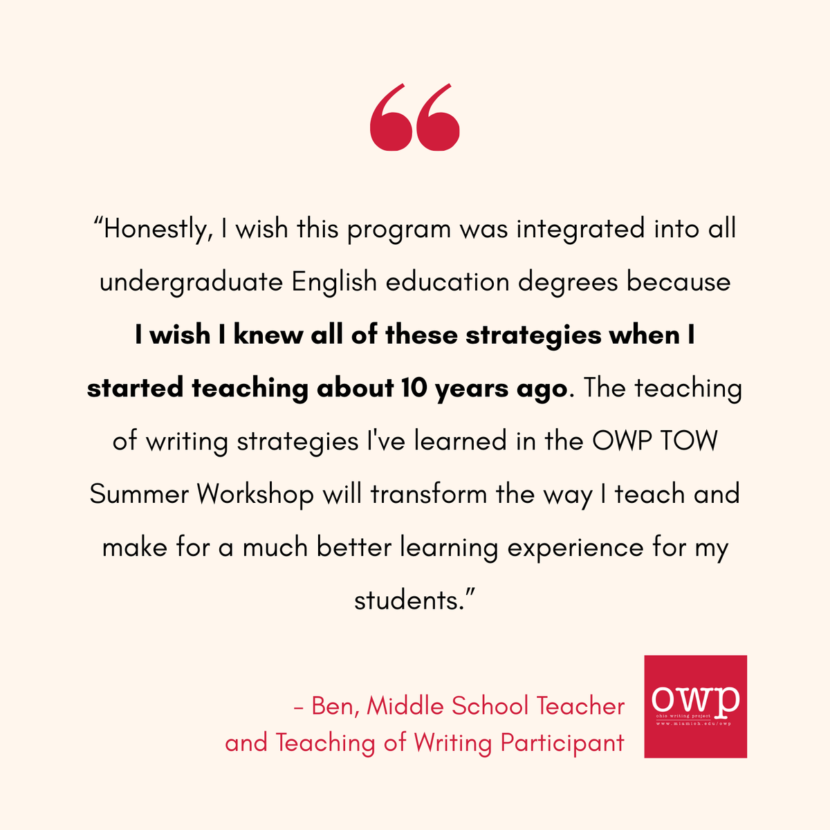 owpmu's tweet photo. Take advantage of our Teaching of Writing Summer Institute to learn strategies that could transform the way you teach forever! π« Join us this summer from June 15-July 10, 2026. For more info, click the link in our bio.
#OWP #ohiowritingproject #writingproject #testimonial #teach https://t.co/YiGK4ud5Ak