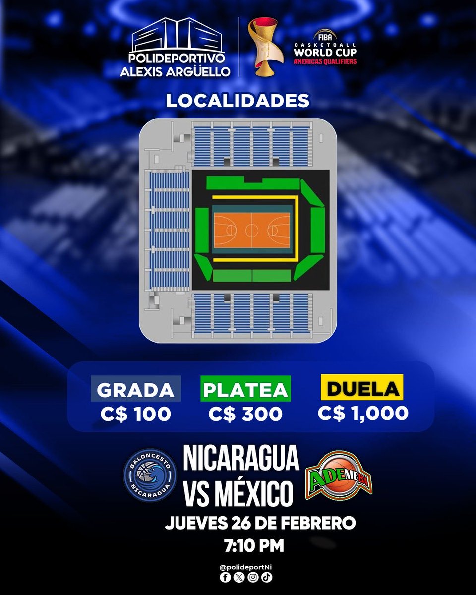 Precio de boletos 🎫 
@selebasketni 🇳🇮🆚🇲🇽México 
🗓️26 de febrero
⏰ 7:10 PM
#ElPoli🔥