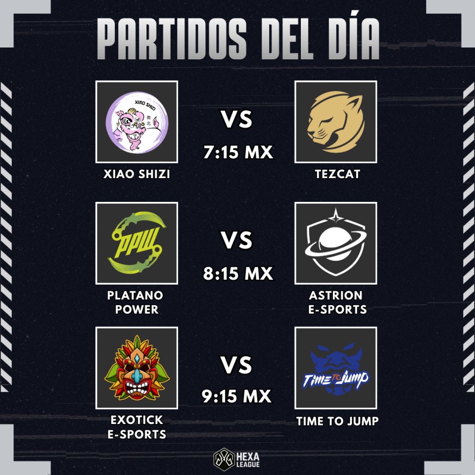 El dia de hoy seguimos con enfrentamientos de alta categoría:

<a href="/XiaoShiziEsport/">Xiao Shizi E-Sports</a> VS <a href="/TezcatGaming/">Tezcat Gaming</a> 

<a href="/PPWesports/">Plátano Power</a>  VS <a href="/AstrionEsports/">Astrion</a> 

<a href="/exotickesports/">EXOTICK ESPORTS 🇲🇽</a>  VS <a href="/TTJ_ECU/">Time To Jump</a> 
Podrás ver todos los enfrentamientos en nuestro canal oficial de la liga:  twitch.tv/hexaleague_tv