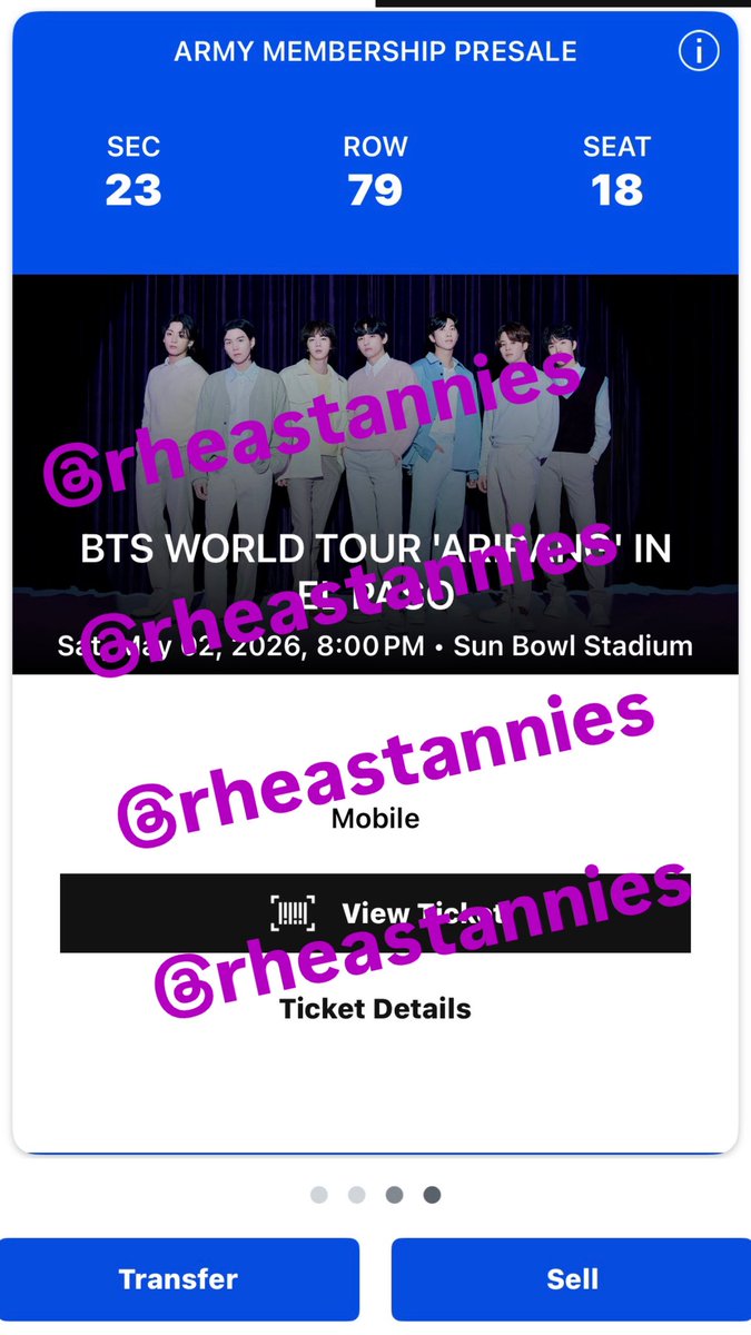 HELLO! WTS BTS ARIRANG
SELLING 3 EL PASO TICKETS
🗓 05/02 SATURDAY 
📍 Sun Bowl stadium 
🎟️ sec 23 , row 79, seats 16-18
💰 $92.95ea (FACE VALUE)
•payment methods: zelle and pp (f&amp;f)
•can provide more proofs if wanted 
#875ticketsale 
#BTS_ARIRANG 
#BTS_WORLDTOUR