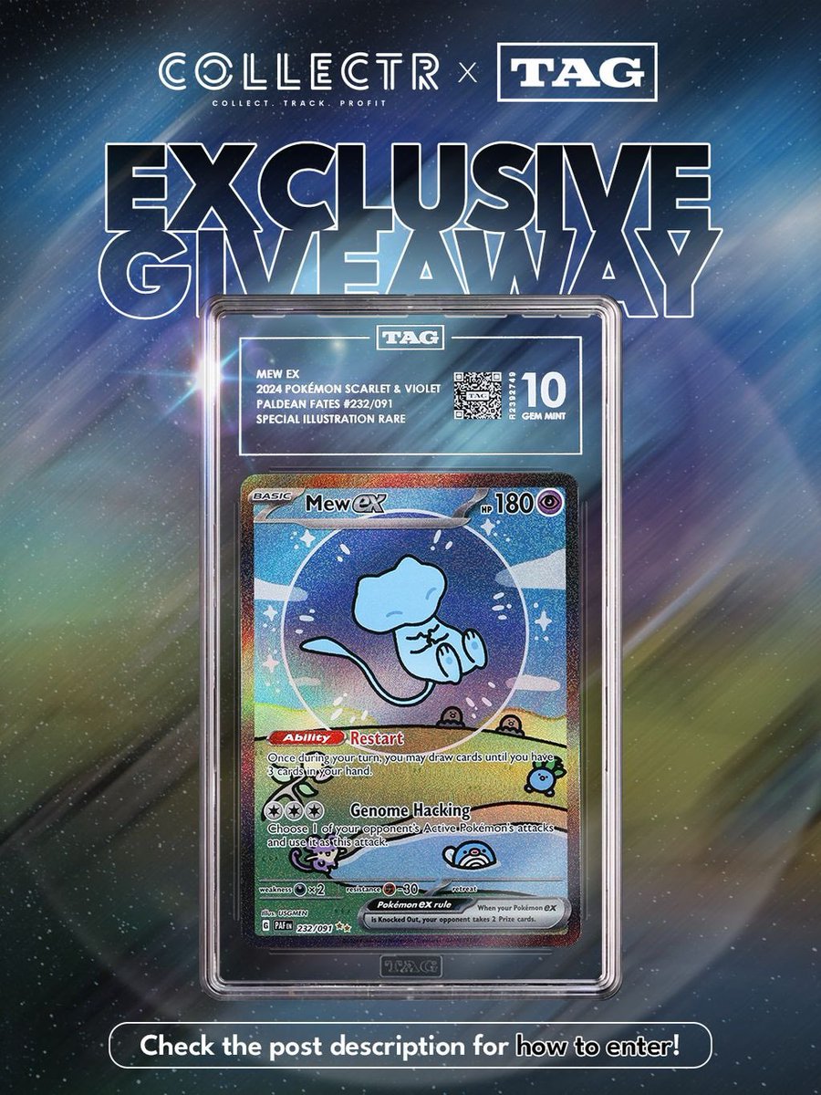 COLLECTR x TAG EXCLUSIVE GIVEAWAY 
// 02.10.26 - 02.20.26

This week, we’re giving away a TAG 10 BUBBLE MEW to one lucky winner. 🫧

How to enter:
1️⃣ Follow <a href="/getcollectrapp/">Collectr - TCG Collector App</a> and @taggrading
2️⃣ Like and Repost this post
⭐️ BONUS: Multiply your entries by sharing across multiple