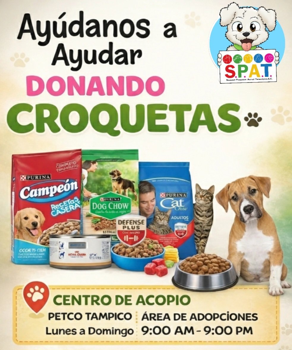 🐾 Ayúdanos a ayudar! 🐾
Tu donación de croquetas puede marcar la diferencia en la vida de muchos perritos y gatitos que esperan un hogar. 
🦴 #JuntosSalvandoVidas 🦴
Ven y dona, tu gesto hará una gran diferencia! #Tampico