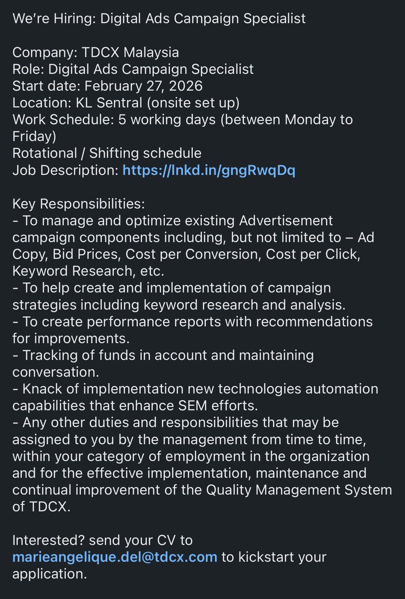 Applyajadulu's tweet image. 🚨JOB ALERT

Mana anak Digital Marketing? Sini ngumpul.
Aku mau share loker TDCX Malaysia sebagai Digital Ads Campaign Specialist.
✅Legit Company
✅Visa Provided

Keterangan lengkapnya ada gambar
⤵️
