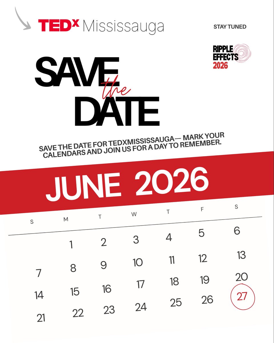 tedxsauga's tweet photo. Mississauga, get ready!

TEDxMississauga returns with bold ideas, inspiring voices &amp; real impact.
• June 27, 2026
• Tickets dropping soon

Save the date 

#TEDx #TEDxMississauga #GTAEvents #Innovation #TorontoEvents #GTA m https://t.co/ywQNXj2htB