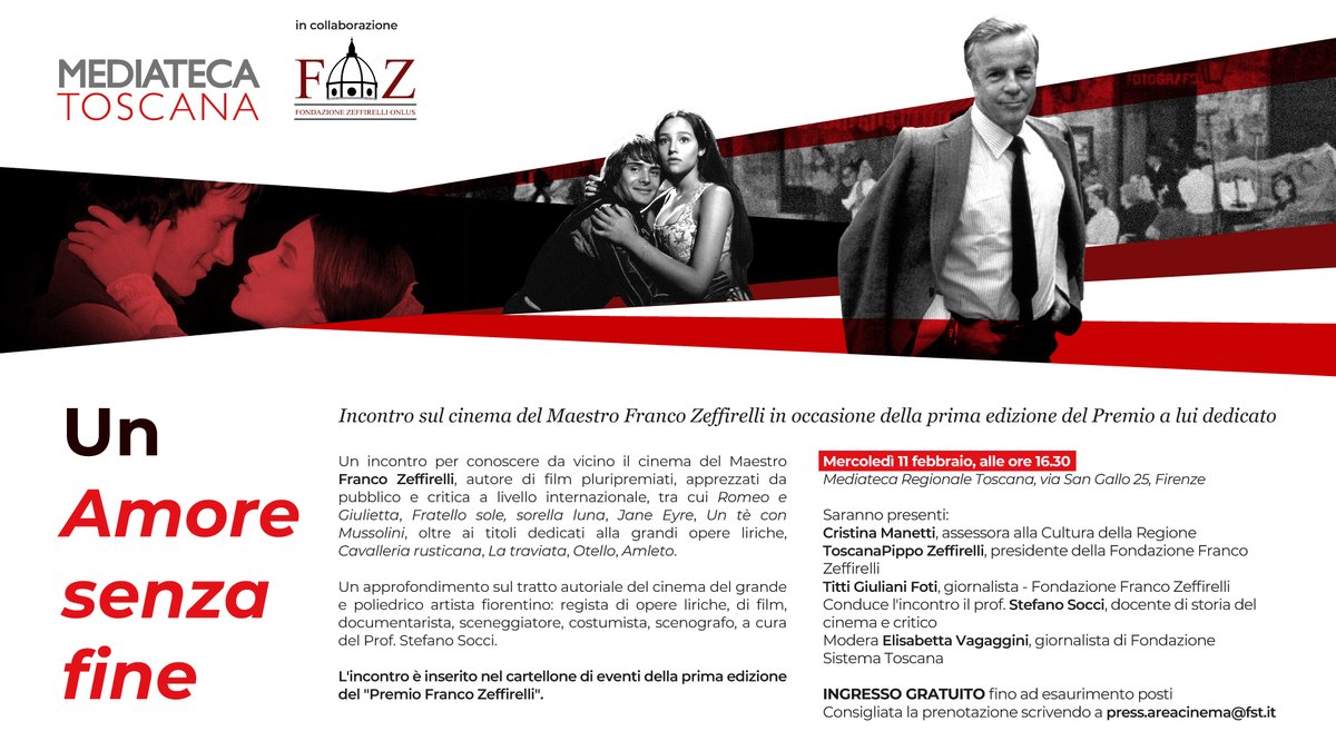 FSToscana's tweet image. “Un Amore senza fine”, in Mediateca Toscana un incontro sul cinema di Franco Zeffirelli. L’evento culturale, oggi alle ore 16.30, propone un approfondimento sullo stile, le tematiche e il tratto autoriale del maestro del cinema italiano e internazionale bit.ly/unamoresenzafi…