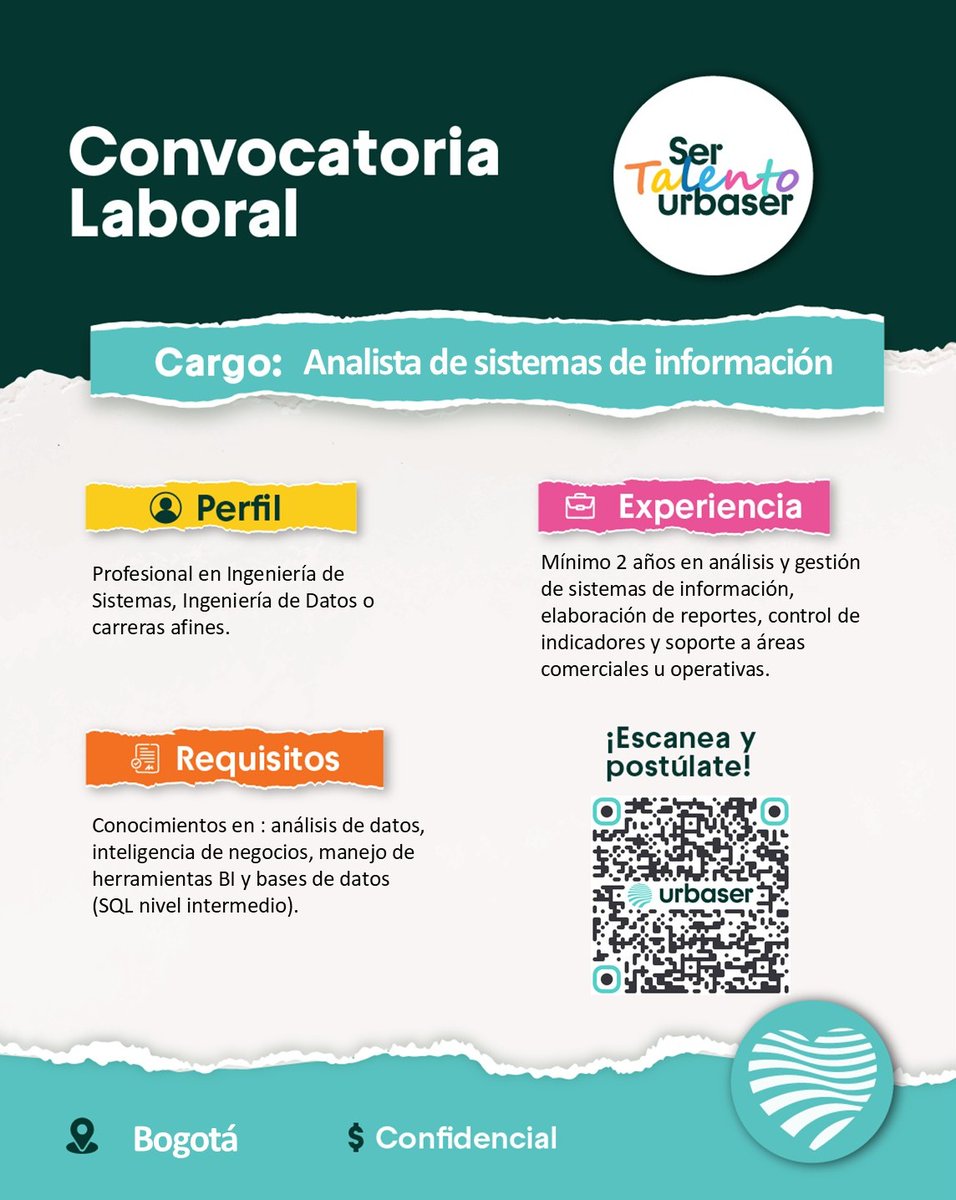 UrbaserCOL's tweet photo. #TrabajoSíHay | Abrimos convocatoria para estos cargos: Analista de Información/Sistemas (Bogotá) y Ejecutivo/a Senior de Ventas (Yumbo).
Conoce el perfil y postúlate aquí 👉 https://t.co/jyhdXJlvzH https://t.co/7uJ4MXjB3i