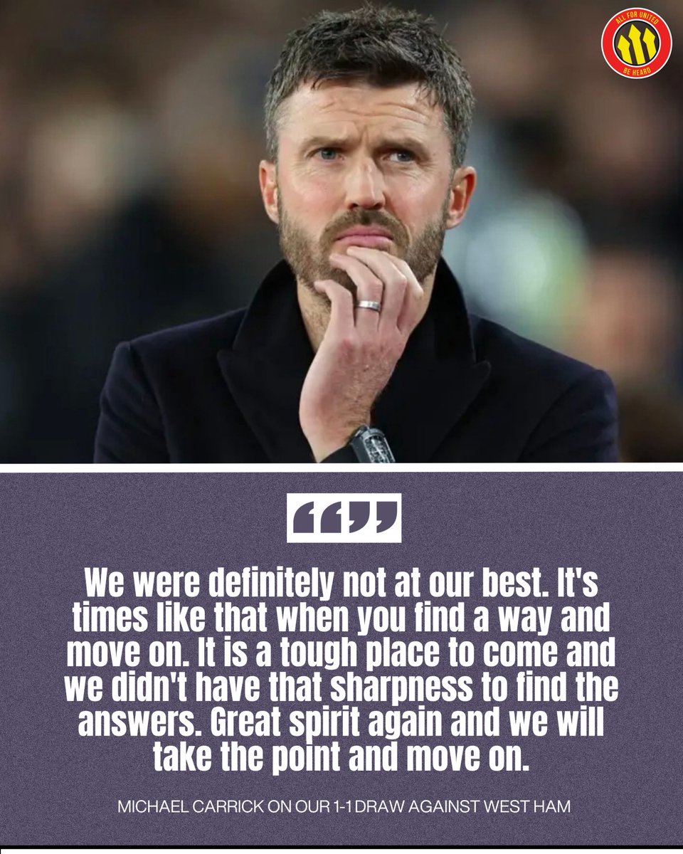 🗣️ Michael Carrick reflecting on our 1-1 draw against West Ham:

"I think we were a little disappointed and were definitely not at our best. It’s times like that when you find a way and move on. I’m a little frustrated at that. It is a tough place to come and we didn’t have that