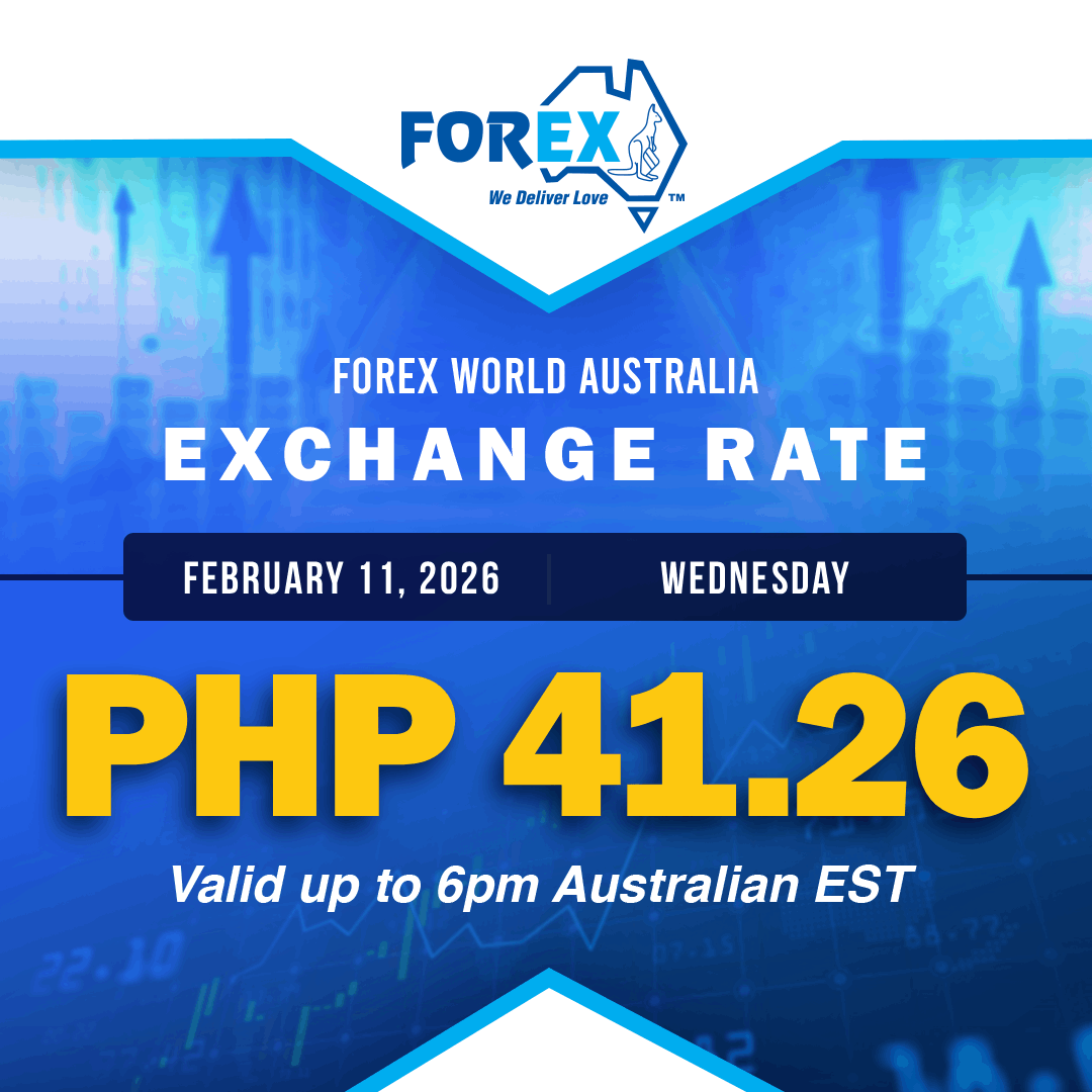 Forex World Australia Exchange Rate February 11, 2026 (Wednesday) is PHP 41.26 valid up to 6pm Australian EST.
tinyurl.com/y56yvjmp