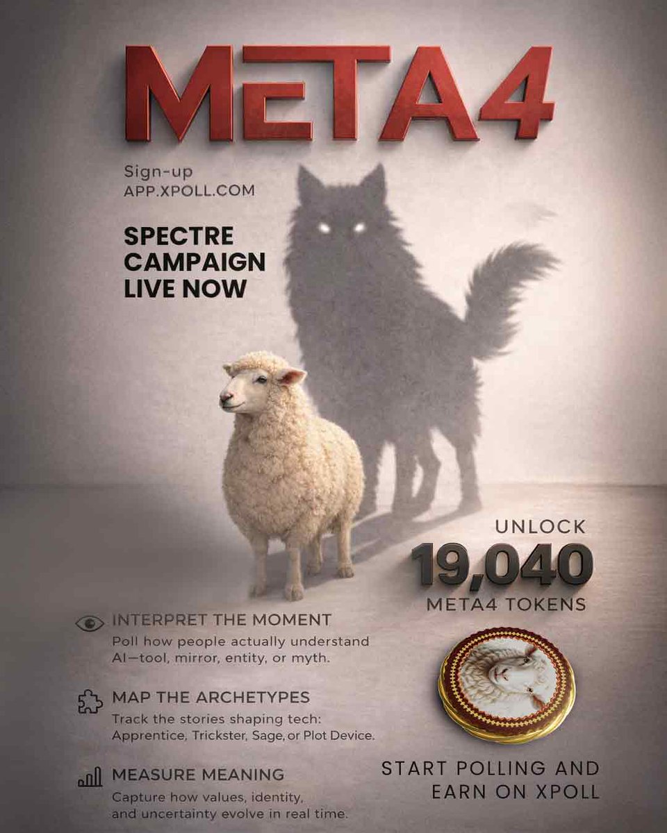 xpollplatform's tweet photo. META4 Coin is now live with the Spectre Campaign on XPOLL.
Spectre is a token powered experience where you engage with emerging technologies through fast polls designed to capture what people actually think.
Vote
earn
and help shape what comes next.
Unlock 19,040 META4 tokens
Campaign link: https://t.co/nFkBGPnWTB
Start polling now on XPOLL
Sign-up @ https://t.co/nlNMGNUhb7
#META4 #SpectreCampaign #EmergingTech #XPOLL #SignalEconomy