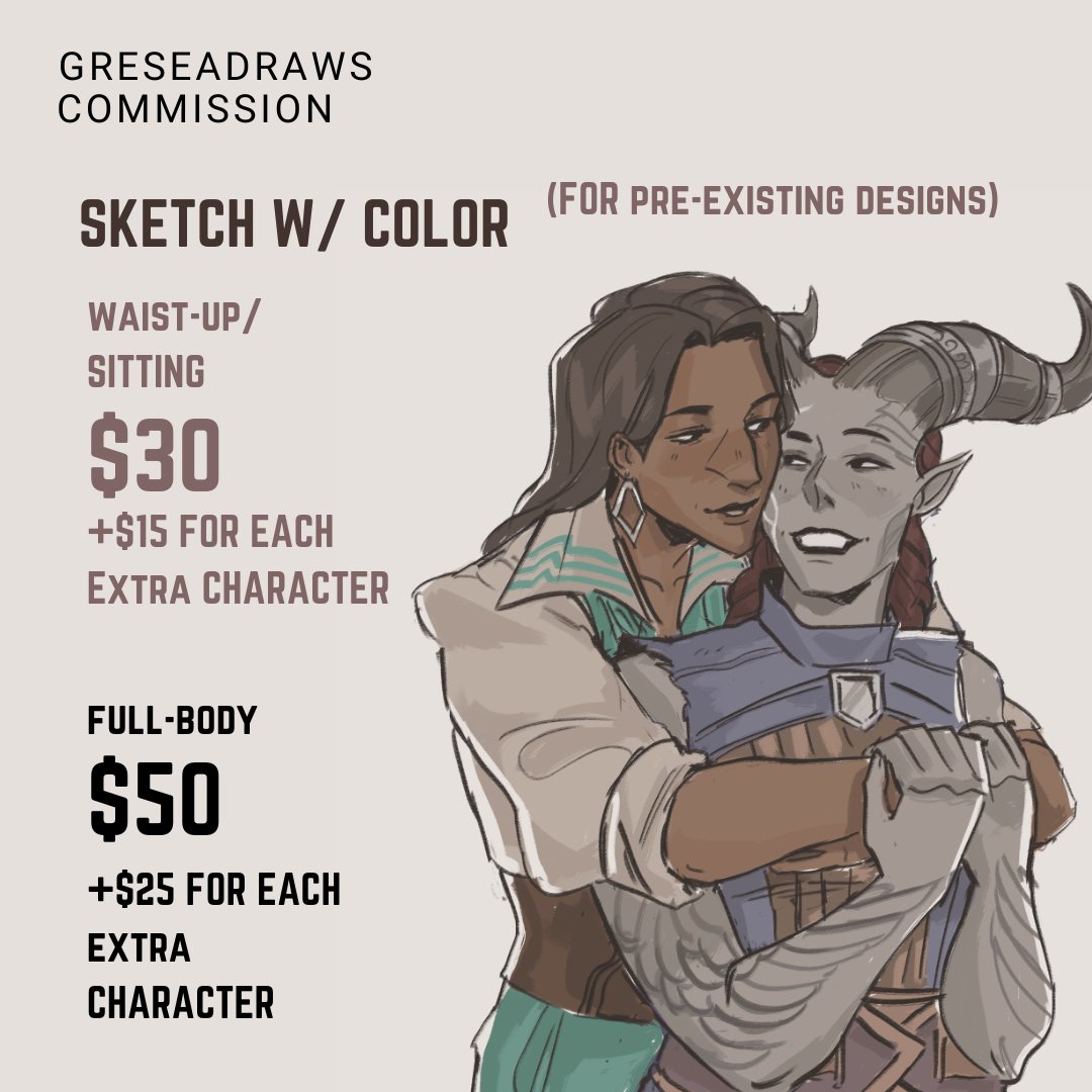 greseadraws's tweet image. My commission waitlist form for March is open! If you want your tav/rook/oc drawn with a companion, it's $45 for a waist-up colored sketch for two characters!   
Sign up here: forms.gle/ewmV4EWPFBLUnZ…