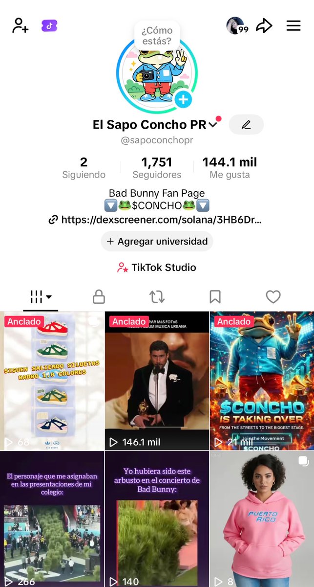 Hey $concho FAM

let keep dancing🕺🏼🐸

We created a TikTok account months ago for testing purposes, and everything is going quite well. We're excited to announce that we already have almost 2,000 followers. 

A Sapo Concho account shares all the latest #BadBunny news, and