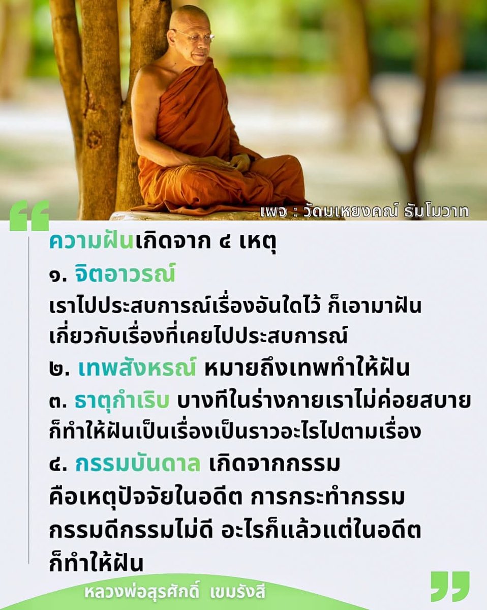 เหตุแห่งความฝัน 4 ประการ ที่มาจากอรรถกถา สุปินสูตร

หลวงพ่อสุรศักดิ์ท่านว่าในบรรดาทั้ง 4 นี้ เหตุว่ากรรมบันดาลนั้นแม่นยำที่สุด
เหตุอื่นที่เหลือเอาแน่เอานอนยังไม่ได้

 แม้แต่เทพสังหรณ์ คือเทพมาเข้าฝัน บันดาลฝัน เทพร้ายๆนั้นสามารถ "หลอก" ได้ บันดาลของไม่จริง หวังบั่นทอนใจก็ย่อมได้