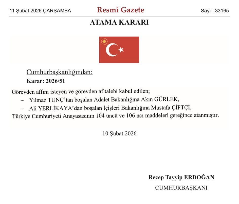 Cumhurbaşkanımız Sayın <a href="/RTErdogan/">Recep Tayyip Erdoğan</a>’ın tensip ve takdirleri ile Adalet Bakanlığı görevine getirilen Sayın Akın Gürlek’i tebrik ediyor, yeni görevinde başarılar diliyorum. Yaptığı hizmetlerden dolayı Sayın Yılmaz Tunç’a teşekkür ediyorum.