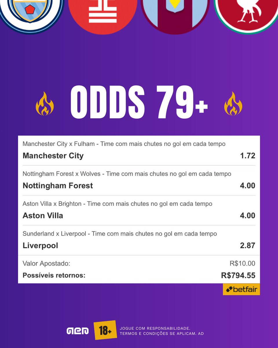 BINGO DE QUARTA | R$10 vem R$794

👉 Bilhete pronto: bit.ly/4kqlhkp

Bora aproveitar a fase insana pra sonhar gigante na Premier League.

Você precisa de uma conta na Betfair pra colar, então se cadastra:

🔗 ads.betfair.bet.br/redirect.aspx?…

18+ jogo responsável. Leia os T&amp;C. ad