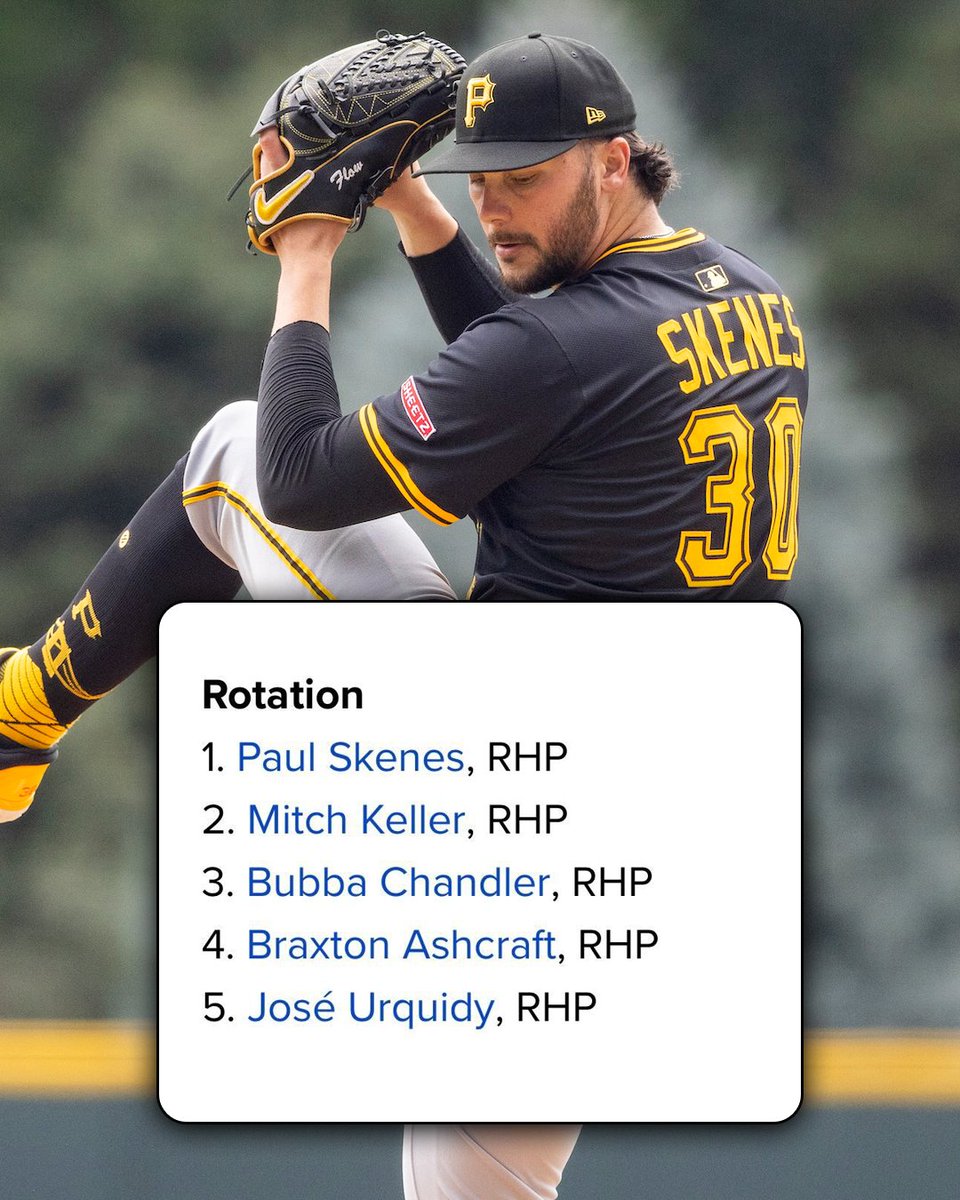 MLB's tweet image. Oneil Cruz and Paul Skenes anchor MLB.com's projected lineup and rotation for the Pittsburgh @Pirates 🏴‍☠️