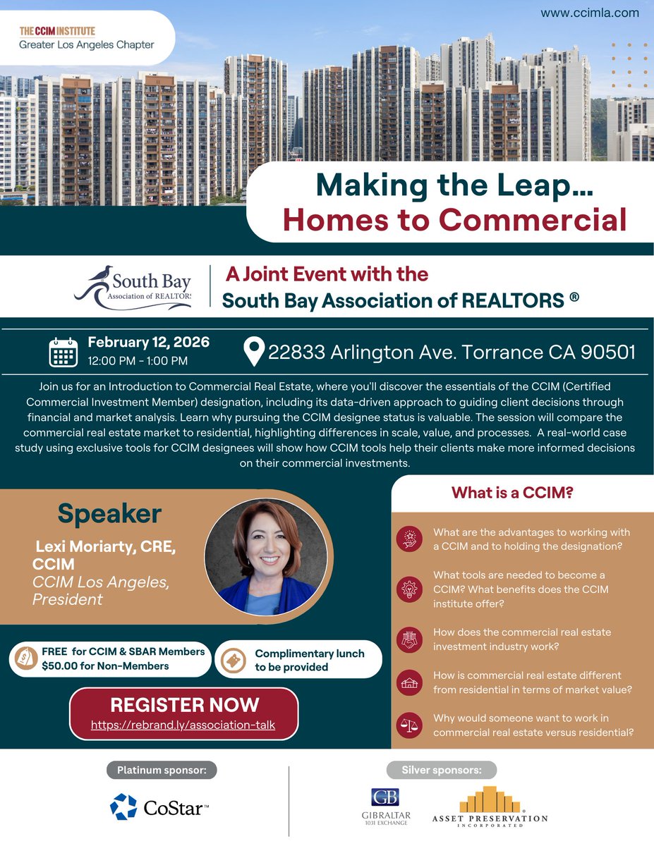 Reminder 🚨 Making the Leap: Homes to Commercial is happening Feb 12 | 12–1 PM.
Learn the fundamentals of CRE &amp; the value of the CCIM designation.
📍 Torrance, CA | 🍽 Lunch provided
Register now!