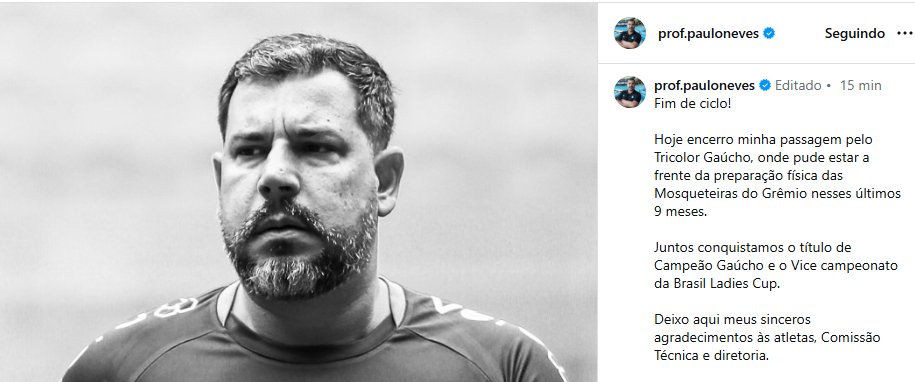 Troca no comando da preparação física do Grêmio.

Paulo Neves anunciou nas redes que não é mais o preparador físico principal do clube.

Deve assumir em seu lugar Leonardo Boff que já trabalha no clube.