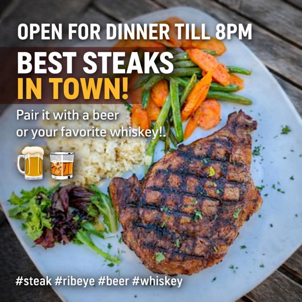 🔥 OPEN FOR #DINNER TILL 8pm🔥
We’re serving up the best steaks in town — grilled to perfection and ready for your plate. Pair it with an ice-cold beer or your favorite whiskey and make it a night 🍻🥃
⏰ Open for Dinner till 8PM

#steak #ribeye #beer #whiskey