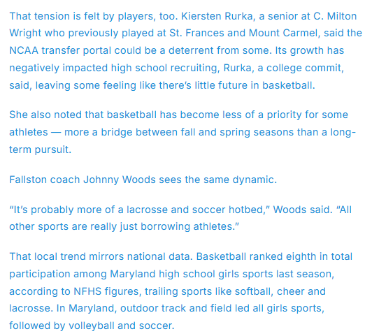 Raoul_000's tweet photo. Another article (this one from Baltimore) on declining participation in HS girls basketball; several factors mentioned: NCAA transfer portal (which leaves "some feeling like there’s little future in basketball"), loss of JV teams, early specialization, ... https://t.co/XPygRJDDT3 https://t.co/LcII1U1c6D