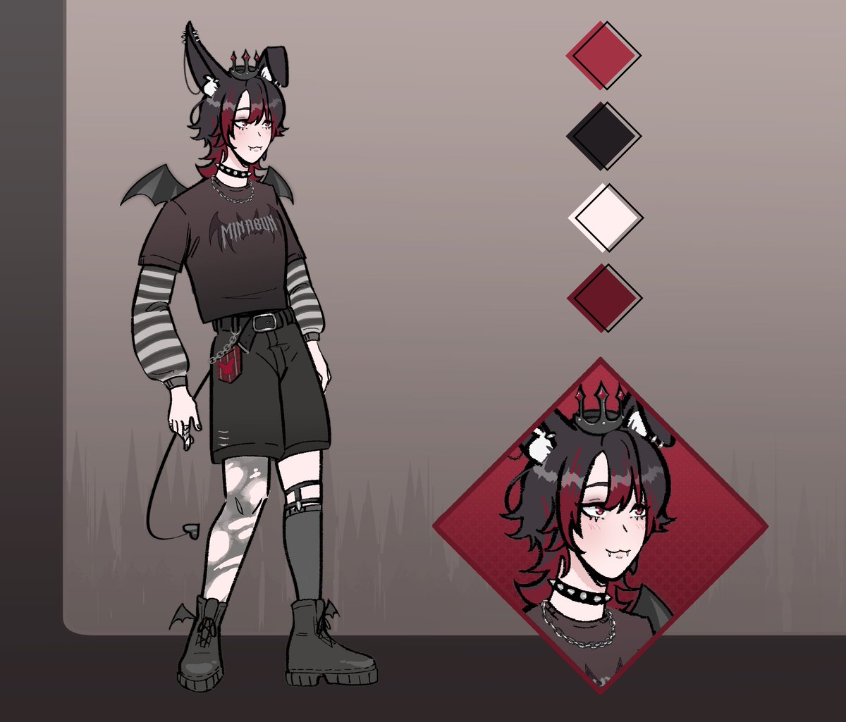 genderbend design I did for my beautiful wonderful <a href="/MinaBunVT/">Mina Bun 🐰🦇</a> !! ݁ ˖Ი𐑼⋆🦇Thank you for commissioning me❣️#Minamori
