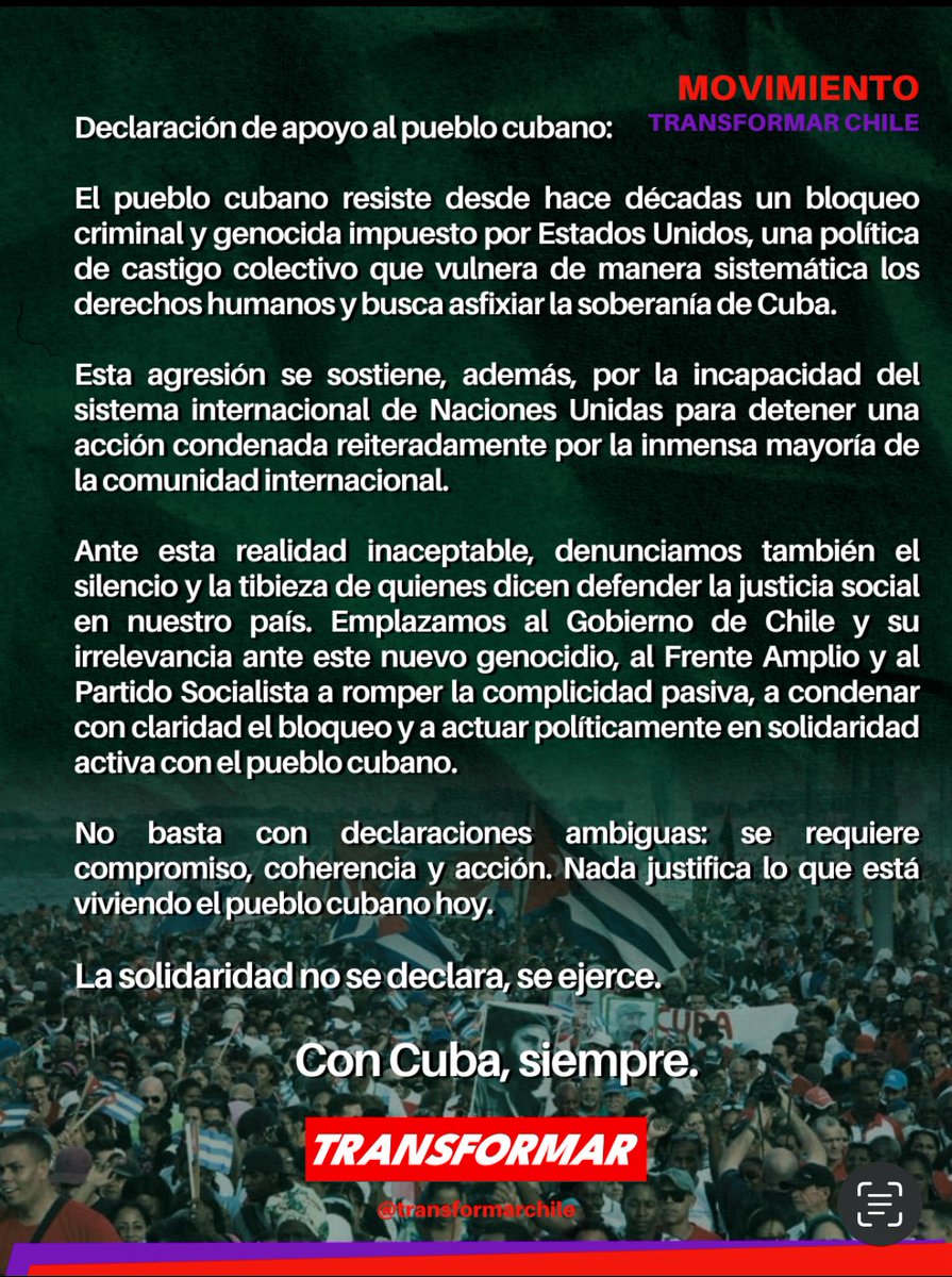 Gobierno de Chile: NO ABANDONEN A CUBA Y SU PUEBLO. 

Es inconcebible la pasividad y silencio del Gobierno de Chile y de la mayoría de partidos oficialistas ante la crisis humanitaria que está viviendo el pueblo cubano. 

El bloqueo, de más de seis décadas que vive Cuba por