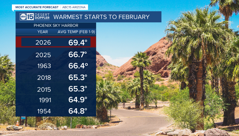 AmberSullins's tweet photo. This is the warmest start to February on record in Phoenix...by a long shot!

Plants are confused and blooming early. 

Snowpack is among the lowest years on record across Arizona too. 

While it may feel "nice" out, there are serious impacts to our environment/water supply. https://t.co/zadOIJc042