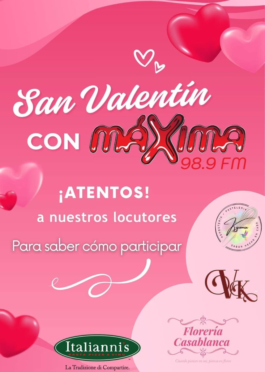 Maxima989FM's tweet photo. Este 14 de febrero, celebra el Día del Amor y la Amistad con #Máxima989 ❤️✨

🎁 Participa para ganar increíbles detalles:
🌸 Arreglos de flores
🍝 Vales de consumo en Italiannis
🍷 Vinos de Vinoteca del Korcho 
🎂 Pasteles de  reposteria kyomu 

#CiudadDelCarmen #AbreTuMente https://t.co/RpMXd1OETr