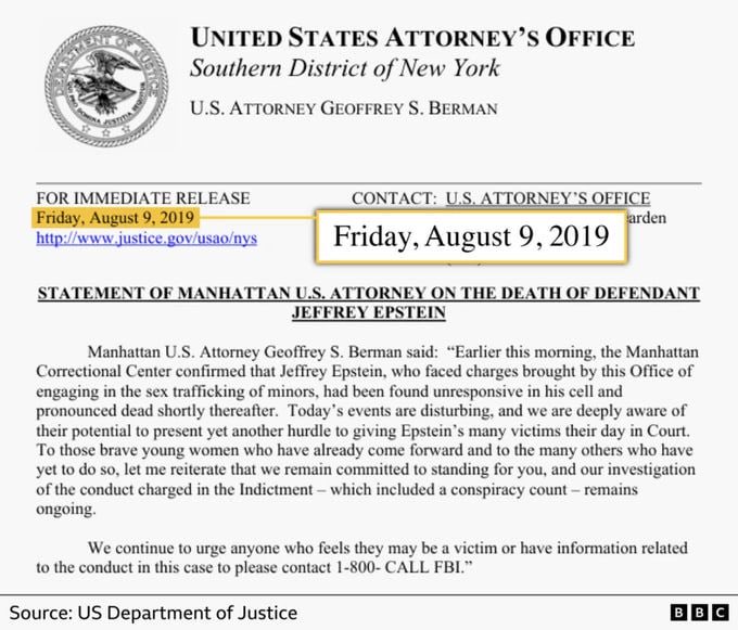 JUST IN - US officials told BBC Verify a draft press release announcing Jeffrey Epstein's death was mistakenly dated the day before he died. Just a mistake ? Amazing !

@insiderpaper