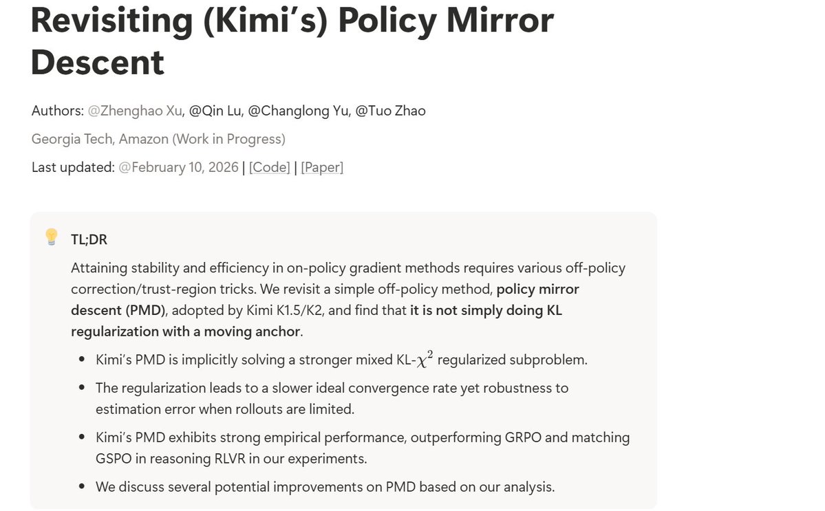 <a href="/Kimi_Moonshot/">Kimi.ai</a> used policy mirror descent (PMD) for RL in Kimi k1.5/k2. Most take it simply as PG+KL with an updating anchor, but this is not the full story. Check our blog for some interesting findings about this algorithm: zhenghaoxu.notion.site/Revisiting-Kim…