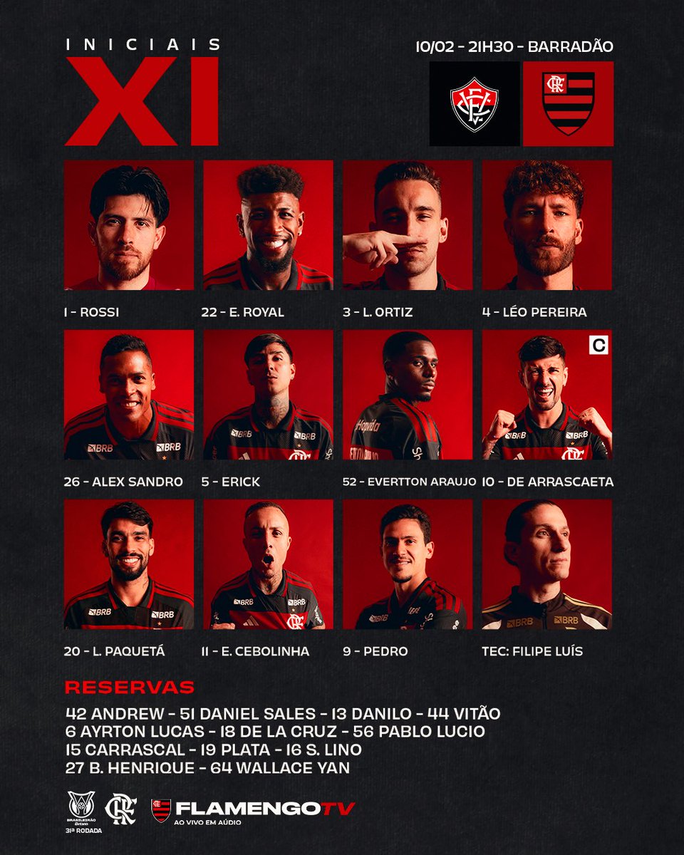 Flamengo's tweet image. NOSSO TIME É A GENTE EM CAMPO! Confira a #escalação do Flamengo para enfrentar o Vitória, pelo Brasileirão! 

#VITxFLA