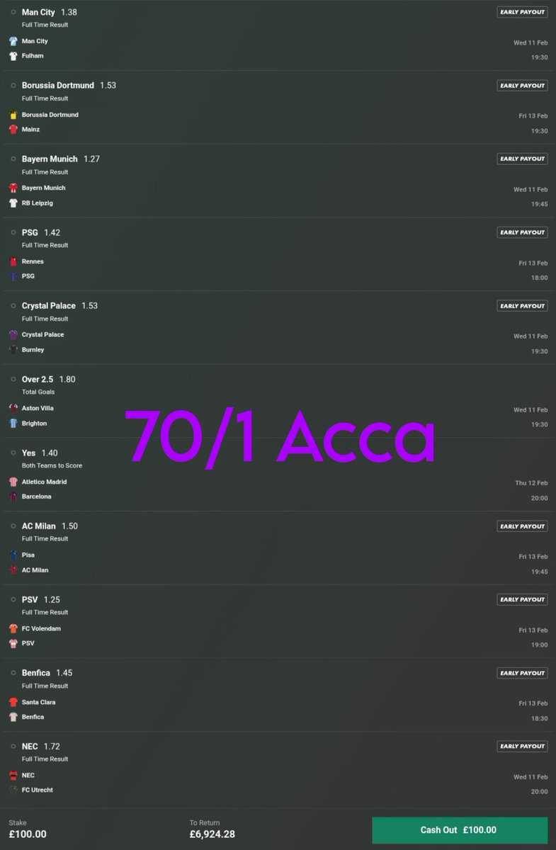 👀 70/1 MIDWEEK ACCA 👀🏆

IF THIS WINS £100 TO 10 PEOPLE 💥❤️/RT! 🏆

👇 PEEP👀 COMMENTS FOR MY 250/1 BIGGER VERSION 💰