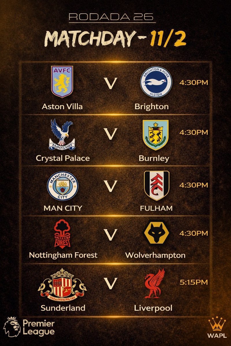 WeArePLeague's tweet image. ◉ Premier League • Rodada 26 

Matchday 

A 4a feira promete, serão mais 5 jogos e muitas disputas em jogo.

Destaque para Man City v Fulham com os Citizens querendo a vitória para diminuir a distância para o Arsenal

Fique ligado! 

Vêm com a gente! 

#PremierLeague 

#WAPL