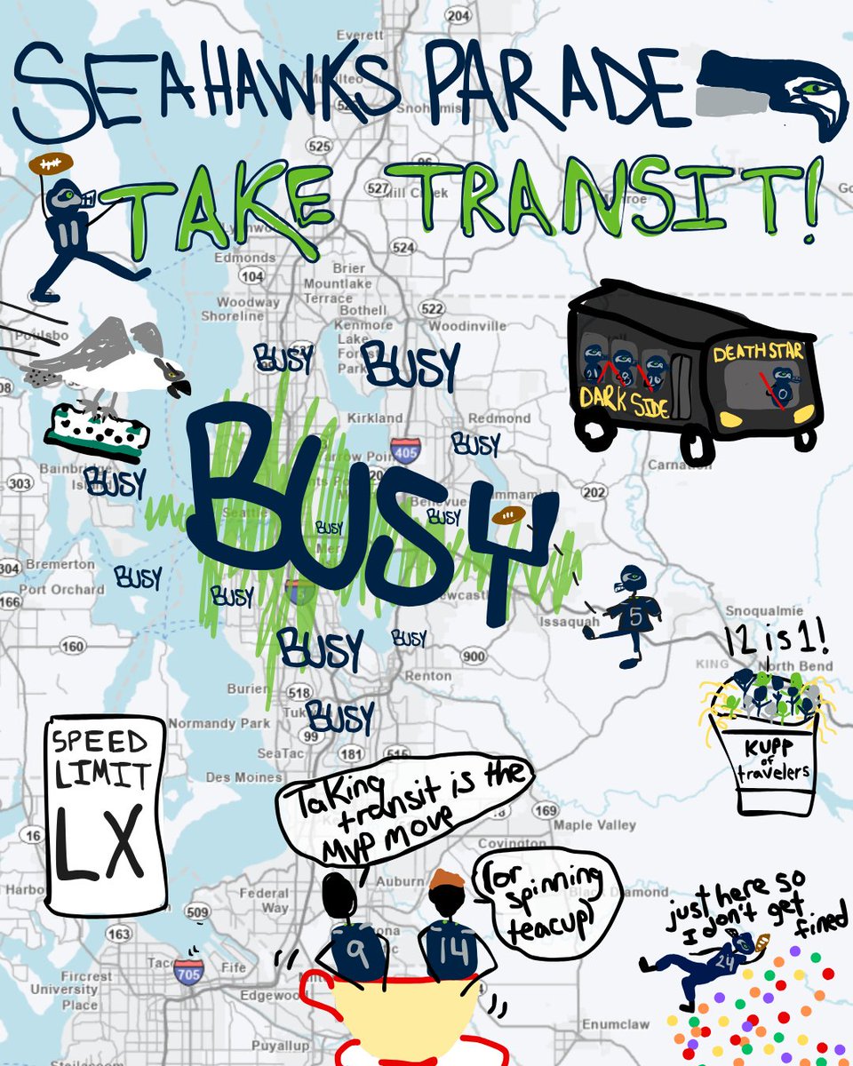 wsdot_traffic's tweet image. Want some tips to enjoy tomorrow's @Seahawks parade? It's simple - take transit.

Major delays are expected in and around Seattle. It's the reason why @SDOTtraffic and @KingCountyMetro can't stress it enough: Take transit, avoid sitting in traffic! 

@seattledot @SeattlePD