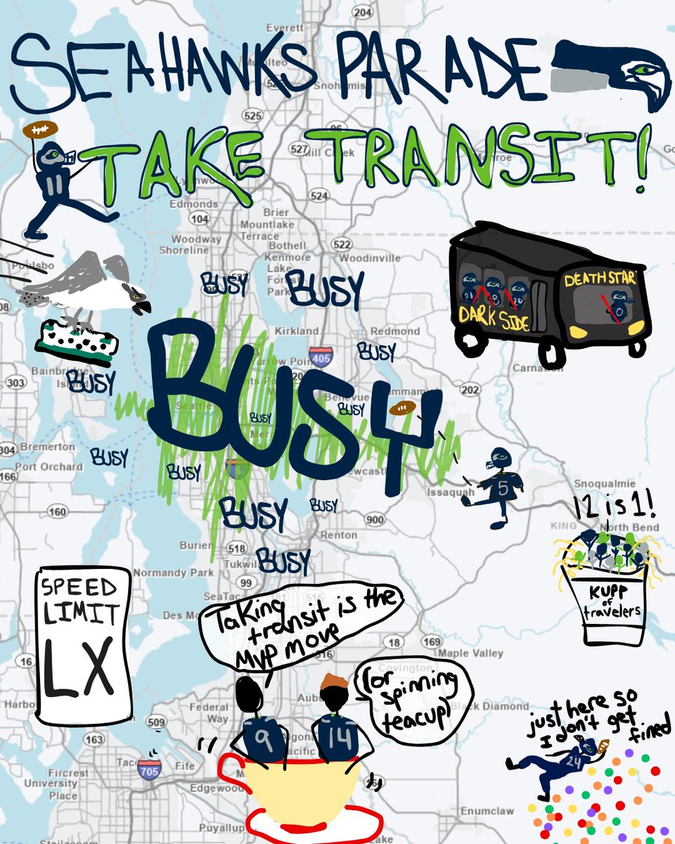 BEEP BEEP THE HAWKS ARE BACK IN SEATTLE. And so are 750,000 of your closest friends, all coming to Seattle to celebrate our SUPER BOWL CHAMPS.

So if you're heading to Seattle tomorrow, take whatever ferry, bus, train, or spinning teacup is closest to you. Please.