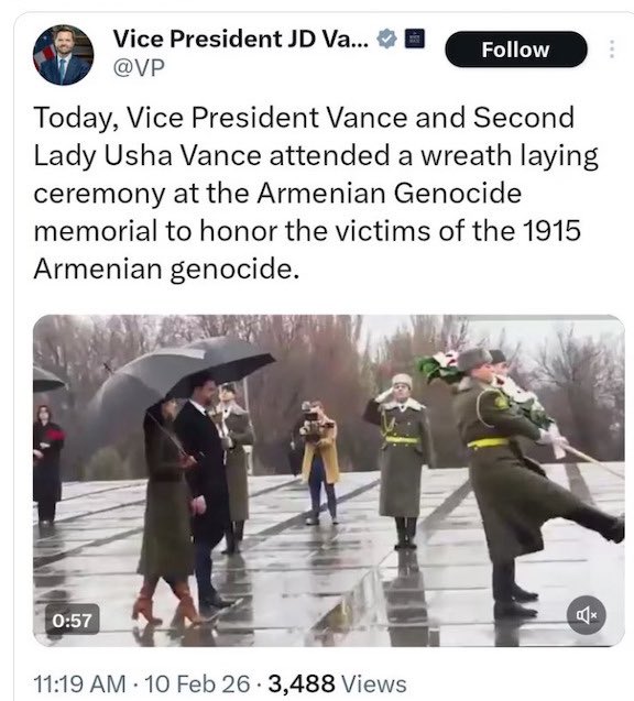 VP <a href="/JDVance/">JD Vance</a> acknowledged the Armenian Genocide on X in a post below and then deleted it. Trump’s press secretary then said calling it “genocide” was an error and doesn’t reflect the Trump administration’s policy.

This is genocide denial. The Armenian Genocide is historical fact.