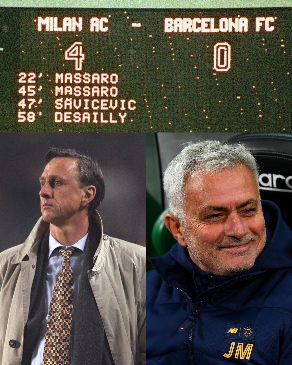 FTBLsection's tweet image. Johan Cruyff:​ “Mourinho is a coach of trophies, not of football.”

Mourinho: “I thank him. In fact, I am a coach of trophies. I love learning from geniuses like Cruyff, but he still has to teach me how to lose a Champions League final 4-0.”