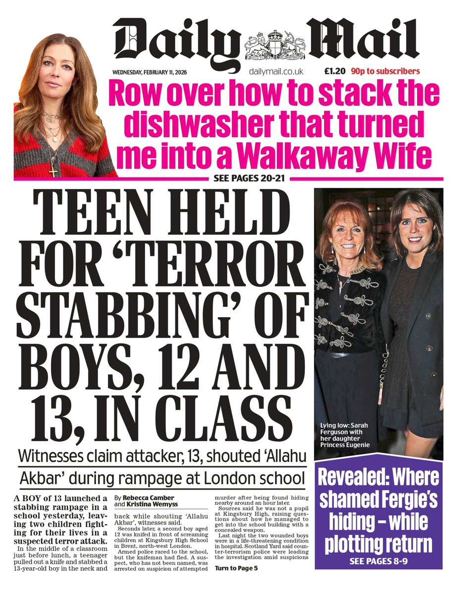 AndyGibsonTV's tweet image. "TEEN HELD FOR 'TERROR STABBING' OF BOYS, 12 AND 13, IN CLASS"
@RebeccaCamber / @KristinaWemyss for @DailyMail
Full Story: t.ly/iOAwC

A 13 yr old launched suspected #TerrorAttack at #KingsburyHighSchool in #Brent, #London.

#DailyMail
#TomorrowsPapersToday
#IBPAPERS