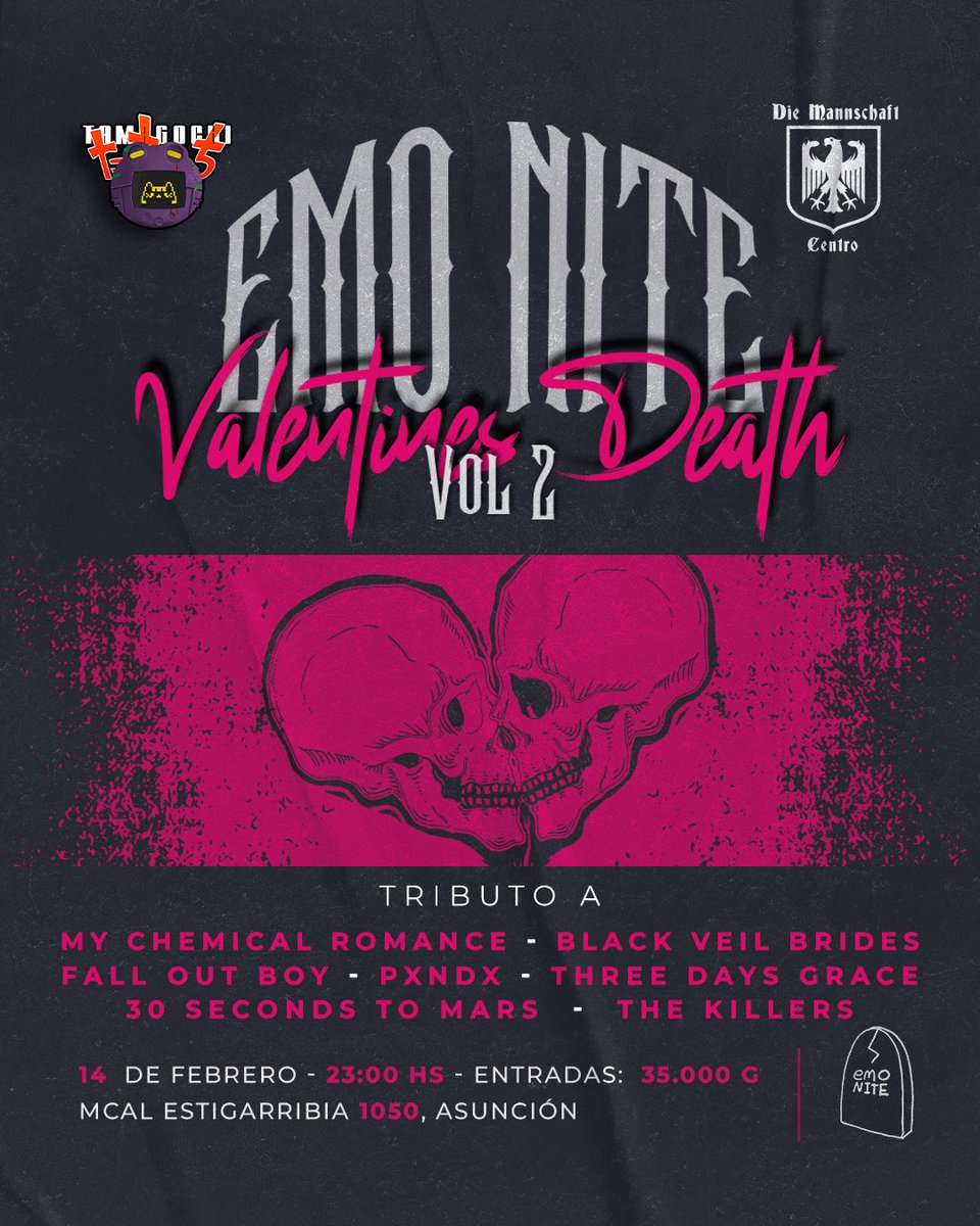 ESTE SABADO 14/02 de AMOR 🧡 &amp; DESAMOR 💔 #emos #nite 🖤 por @tamagochipy en vivo en el CENTRO🤘🏻🔥.
*ABRIMOS 19hs con 2x35mil en @pilsenpy &amp; munichparaguay Lt.
📍Mcal Estigarribia 1050 c/ EEUU.
PROST! 🍻🤘🏻💥🇵🇾🇩🇪