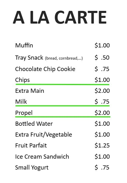 Blackbird families,

Please note the price increase on chips, Propel water, and milk. The new prices are underlined. 

Thank you,
Blackbird Cafe