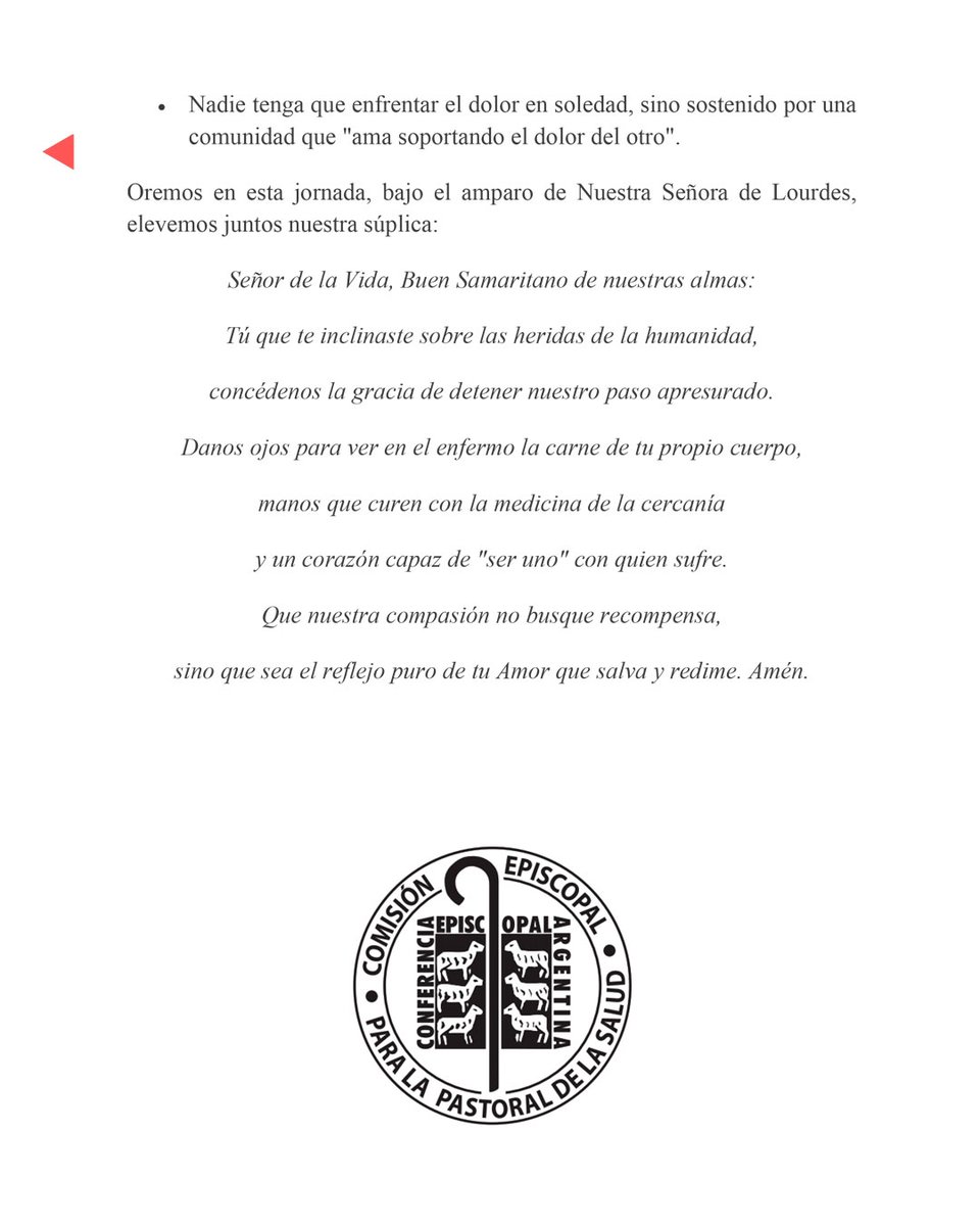 Con motivo de celebrarse el 11 de febrero, día de Nuestra Señora de Lourdes, la Jornada Mundial del Enfermo, nos hacemos eco del mensaje de la Comisión Episcopal para la Pastoral de la Salud <a href="/EpiscopadoArg/">Conferencia Episcopal Argentina</a>, y rezamos por todos los enfermos y en dificultad.