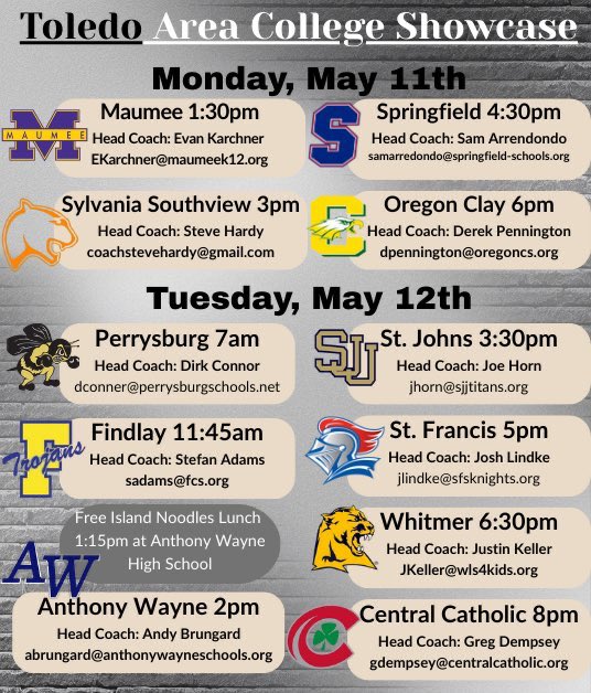 College Coaches: 
Tons of talent and Free Food!!!

Set your travel schedule to be on Airport HWY May 12th at 3:30pm

5901 Airport Highway, Toledo, OH 43615