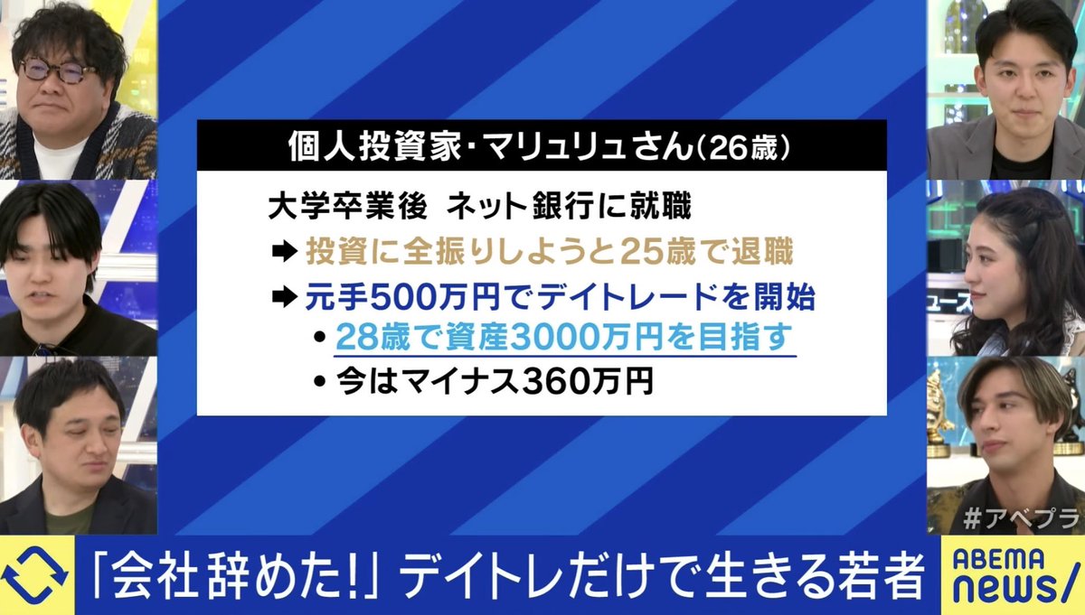 【悲報】個人投資家さん爆損する

・会社を辞めて専業トレーダーになる
・種銭500万が140万
・28歳で目標資産3000万
→厳しすぎるので、早いこと就職した方がええ問題