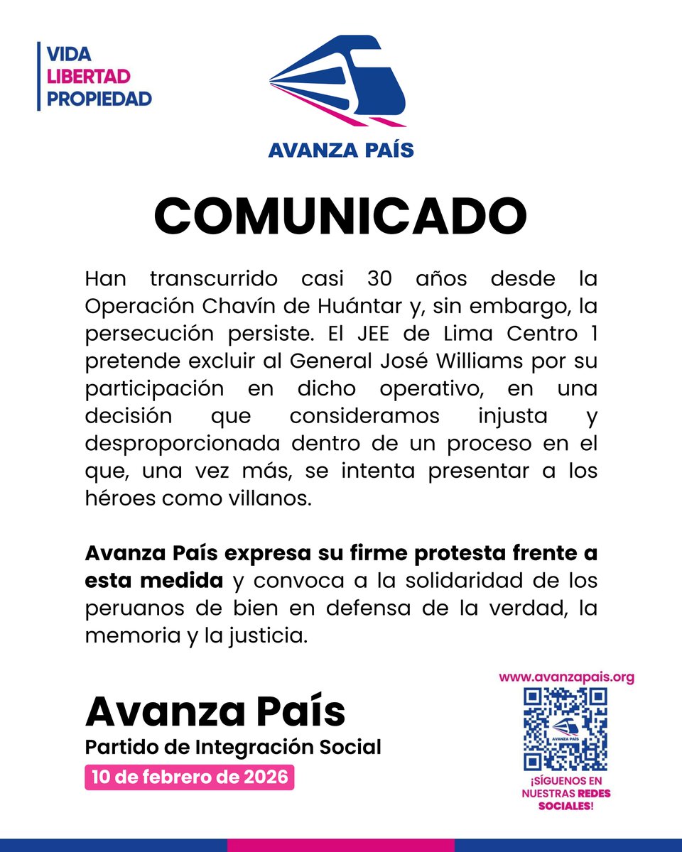 AvanzaPais_Peru's tweet photo. Comunicado de 10 de febrero de 2026. #JEE #JuradoElectoralEspecial #JoseWilliams #GeneralWilliams #AvanzaPais https://t.co/x9L3PTAnHB