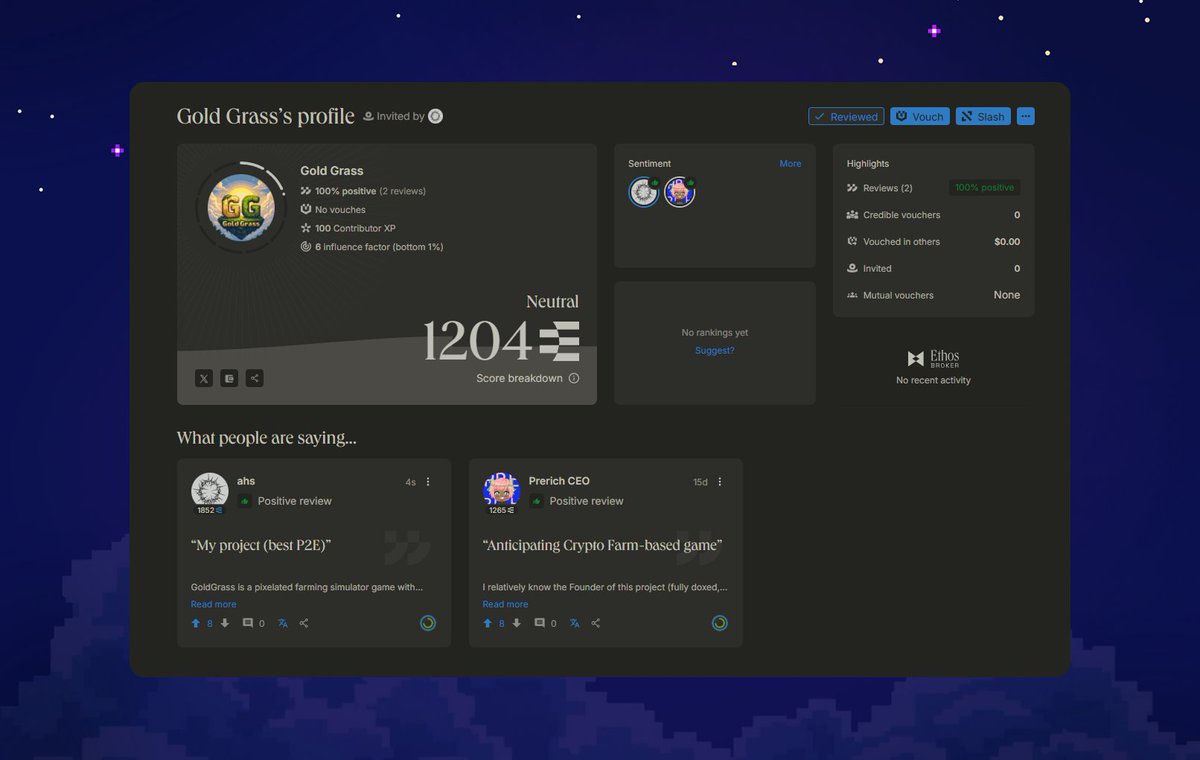 we created an Ethos profile for <a href="/gold_grass_game/">Gold Grass</a> to be as honest as possible

you can leave your review with your opinion at the link below. We are not encouraging you to do so, just informing you about it

for those who don't know about <a href="/ethos_network/">Ethos</a>, it is a platform that