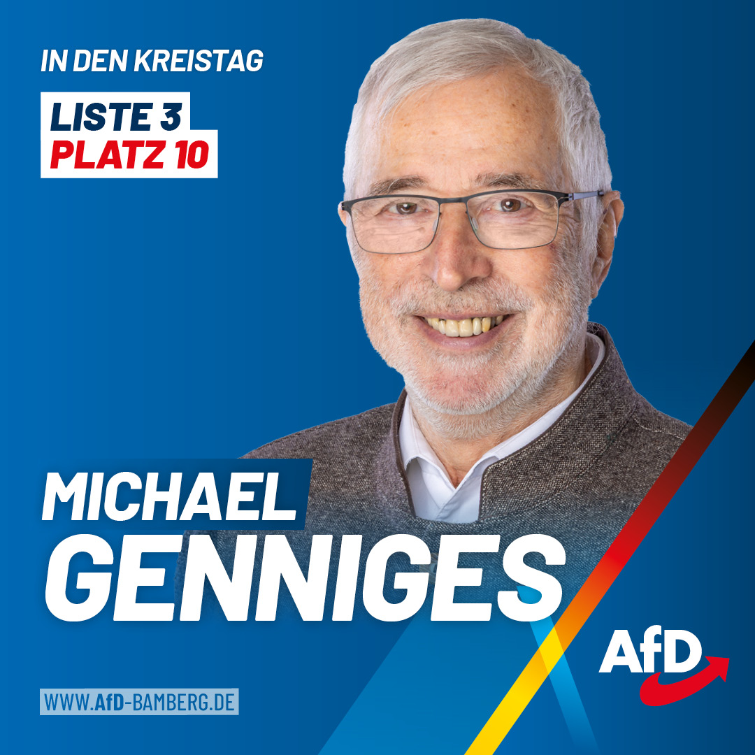 Unsere Kandidaten für den Kreistag Bamberg 🗳️

Liste 3 • Platz 10 
👤 Michael Genniges 
🏠 Scheßlitz (Peulendorf) 
💼 Buchhändler 
🏛️ Kreisrat 

Alle Kandidaten für den Kreistag finden Sie unter: afd-bamberg.de/kandidaten-zur…