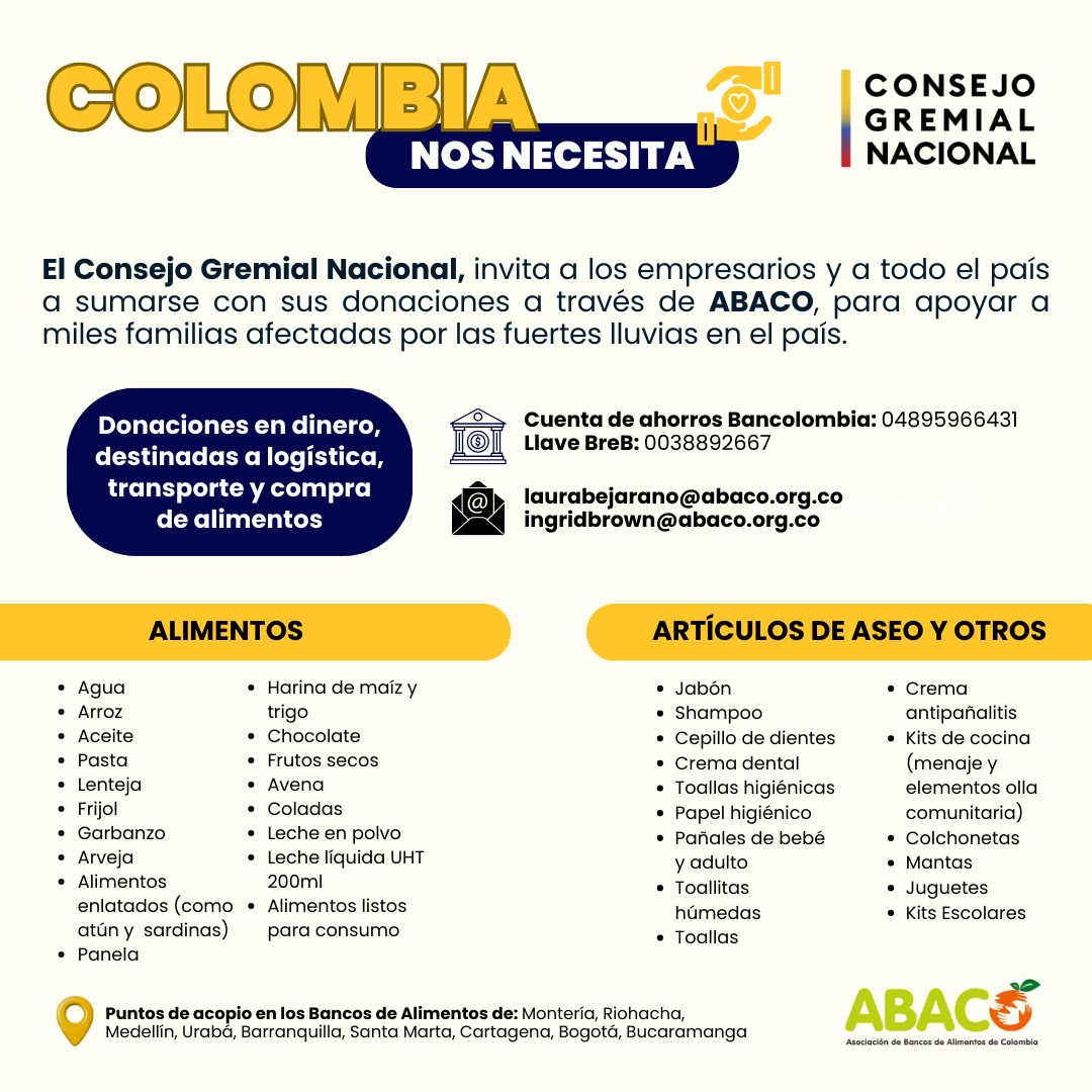 NGutierrezJ's tweet photo. Las fuertes lluvias han afectado a miles de familias en distintas regiones del país. Hoy, Colombia nos necesita unidos. Desde el @ConsejoGremial invitamos a todas las empresas a unirse con sus donaciones. Cada aporte cuenta. Juntos, transformamos vidas. 🤝🇨🇴 Con el apoyo de @proantioquia1, @Presentesco, @Abacocol, @FundacionImat, Fundación GE (https://t.co/TUViOrzPcQ), @FUNDAGAN y @CamacolColombia Seccional Córdoba y Sucre, queremos sumar esfuerzos para apoyar a los damnificados por la emergencia invernal.