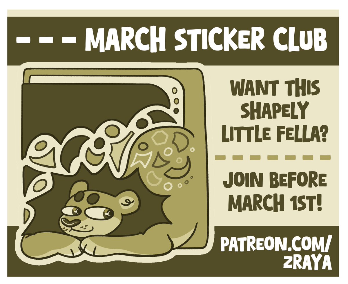 Looks like this shapely little fella is taking over the sticker club this upcoming month… 💚✨

Join before March hits for some genuine ZRAIL (zray mail)!!!

 patreon.com/zraya