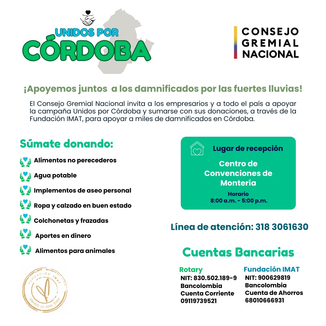 NGutierrezJ's tweet photo. Las fuertes lluvias han afectado a miles de familias en distintas regiones del país. Hoy, Colombia nos necesita unidos. Desde el @ConsejoGremial invitamos a todas las empresas a unirse con sus donaciones. Cada aporte cuenta. Juntos, transformamos vidas. 🤝🇨🇴 Con el apoyo de @proantioquia1, @Presentesco, @Abacocol, @FundacionImat, Fundación GE (https://t.co/TUViOrzPcQ), @FUNDAGAN y @CamacolColombia Seccional Córdoba y Sucre, queremos sumar esfuerzos para apoyar a los damnificados por la emergencia invernal.